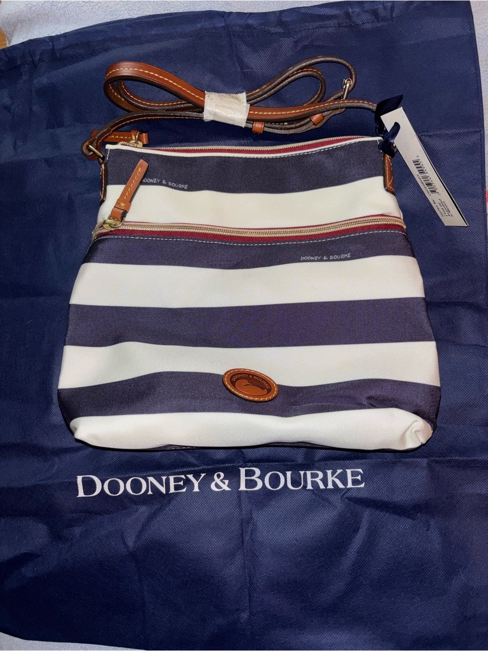 Dooney & Bourke Navy, White and Brown Striped Crossbody Bag